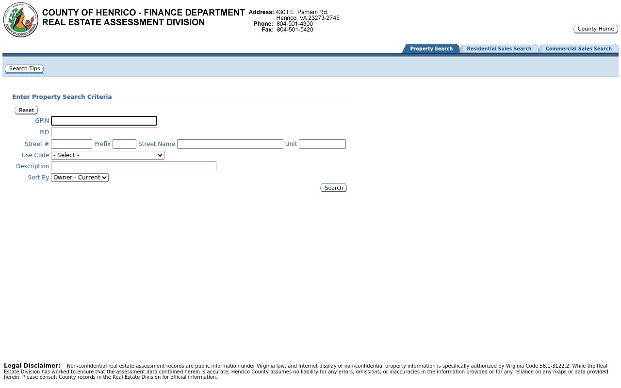 Tuckahoe street directory Henrico property search fields