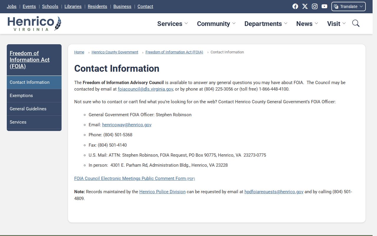 Tuckahoe residents directory Henrico public records request route