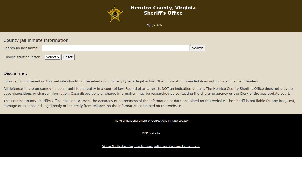 Tuckahoe resident lookup Henrico Sheriff jail roster search
