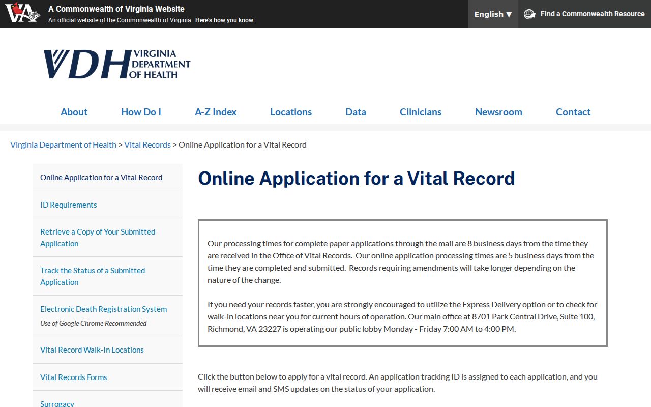 Tuckahoe resident lookup Virginia vital records application route